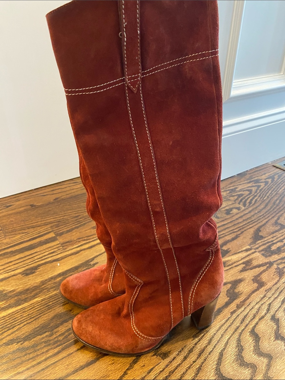 Vintage Marc Jacobs Tall Suede Heeled Boots in Rust Red